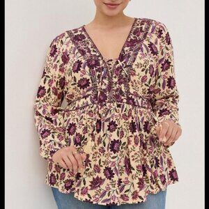 TORRID Babydoll Rayon Crepe Embroidered Lace-Up Top Plus Size 1X Boho